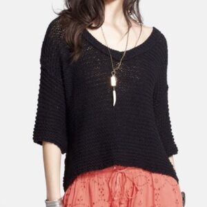 Free People Women’s Crochet Pull Over Short Sleeve Boho V Neck Black Sweater‎ XS